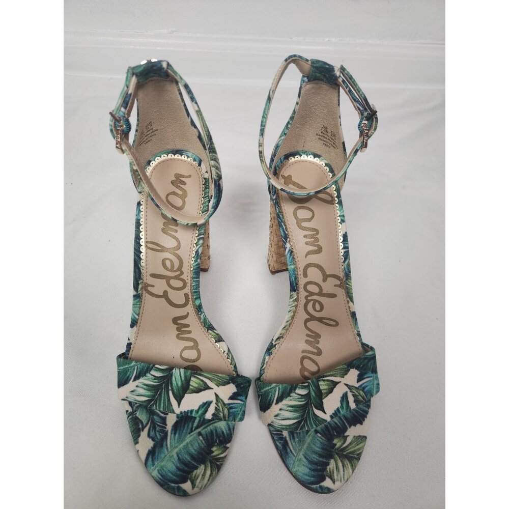 Sam Edelman Women's Sz. 7.5 Yaro Jade Palm Print Ankle Strap Sandals - Picture 2 of 8